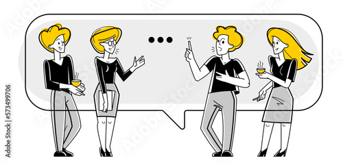 Team of young people having a discussion about solving some problems in work, brainstorm about new creative ideas, vector outline illustration.