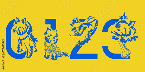 Set of numbers 0, 1, 2, 3 with Yorkshire terrier. Unusual decorative alphabet. Font for dogs based on gestalt design