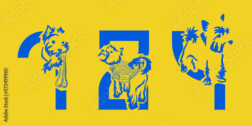 Set of numbers 7, 8, 9 with Yorkshire terrier. Unusual decorative alphabet. Font for dogs based on gestalt design