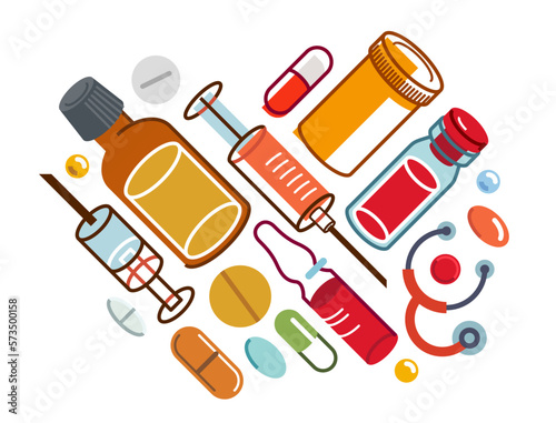 Pharmacy drugs apothecary bottles and pills and ampules, big composition set of medicaments vector flat illustration isolated, health care and healing medical theme design.