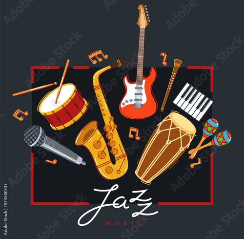 Jazz music band poster different instruments vector flat illustration on dark, live sound festival or concert advertising flyer or banner, play different instruments orchestra.
