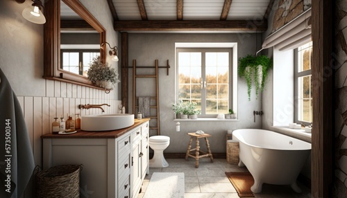 Bathroom with plants  mirror and big window  generative ai