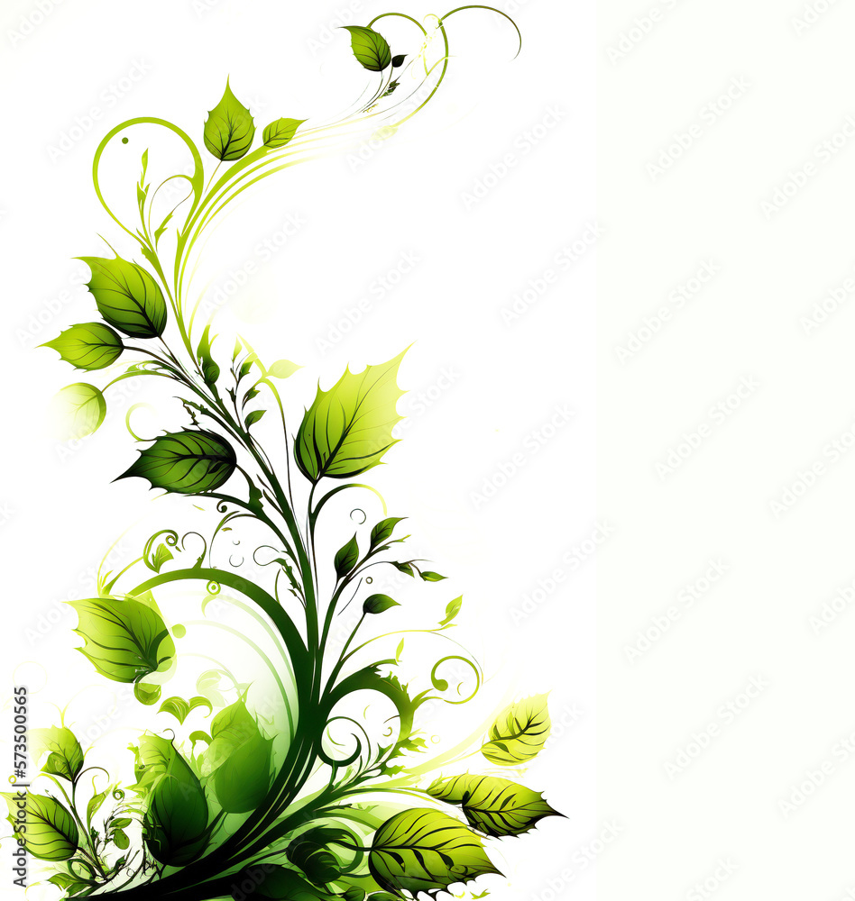 Green abstract floral background with white copyspace. Decorative foliage illustration. Created with Generative AI technology.