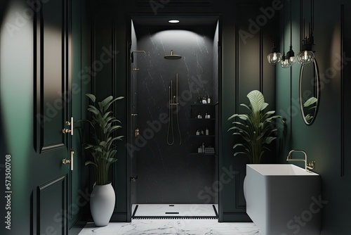 Modern interior design bathroom in dark mood, shower and green plant. AI generative for Real Estate or architects