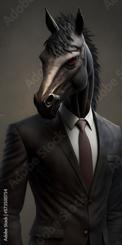 animal in a black suit with red tie, hourse, business man, generative ai