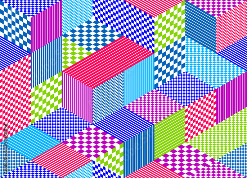 3D cubes seamless pattern vector background, rhombus and lines dimensional blocks, architecture and construction, geometric design.