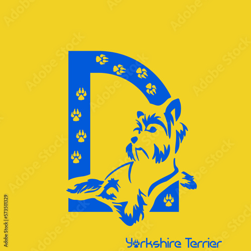 Unusual decorative font with a stylized image of a Yorkshire terrier. Typography with dogs based on gestalt design. Decoration with animals.
