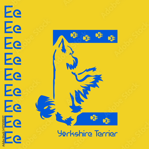Unusual decorative font with a stylized image of a Yorkshire terrier. Typography with dogs based on gestalt design. Decoration with animals.