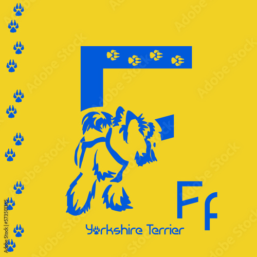 Unusual decorative font with a stylized image of a Yorkshire terrier. Typography with dogs based on gestalt design. Decoration with animals.