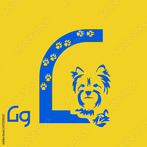 Unusual decorative font with a stylized image of a Yorkshire terrier. Typography with dogs based on gestalt design. Decoration with animals.