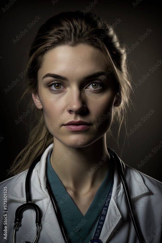 Young female doctor portrait. Close up M.D for National doctors day or women's history month generative ai