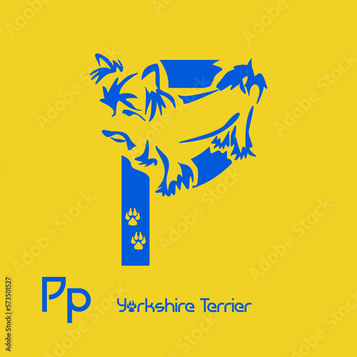 Unusual decorative font with a stylized image of a Yorkshire terrier. Typography with dogs based on gestalt design. Decoration with animals.