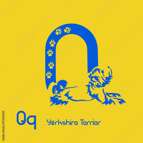 Unusual decorative font with a stylized image of a Yorkshire terrier. Typography with dogs based on gestalt design. Decoration with animals.