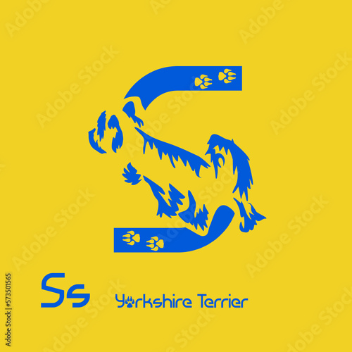 Unusual decorative font with a stylized image of a Yorkshire terrier. Typography with dogs based on gestalt design. Decoration with animals.