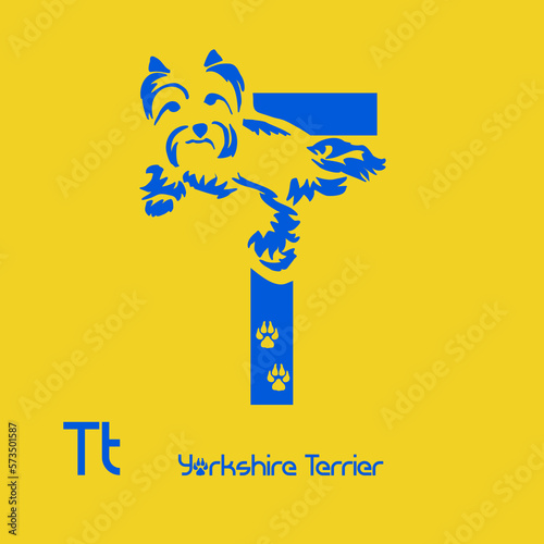 Unusual decorative font with a stylized image of a Yorkshire terrier. Typography with dogs based on gestalt design. Decoration with animals.