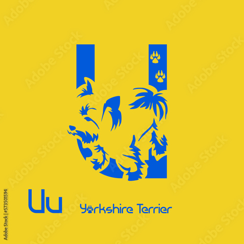 Unusual decorative font with a stylized image of a Yorkshire terrier. Typography with dogs based on gestalt design. Decoration with animals.