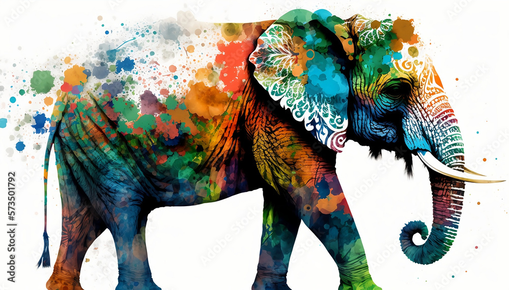 Obraz premium Decorated Elephant for Holi Celebration, Vibrant Hues and Traditional Designs, Holi colors festival in India, Generative AI