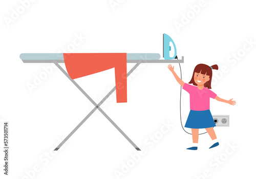 Girl child with hot iron in flat design on white background.