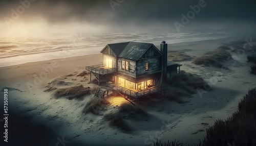 Gloomy house by the sea in foggy weather.