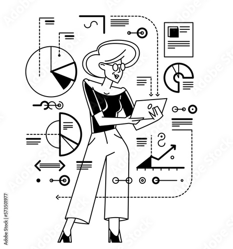 Intellectual worker woman making analysis of some data on pc or web, data systematization, collecting and analyzing information, vector outline illustration.
