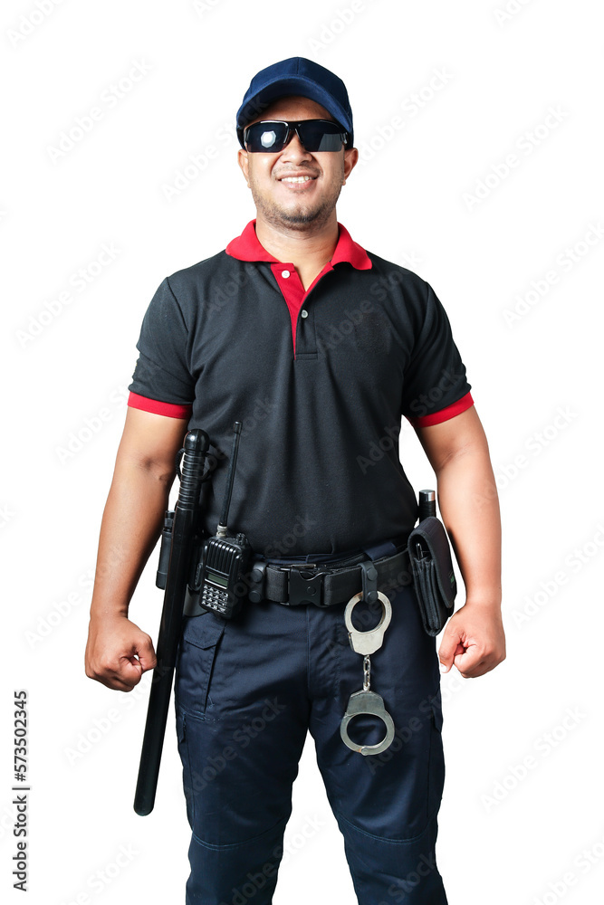 Security guards wearing black glasses and hats The smiling stand has a rubber baton ready and handcuffs on the tactical belt. on a isolated white background Eliminate the concept of security Security guards wearing black glasses and hats The smiling stand has a rubber baton ready and handcuffs on the tactical belt. on a isolated white background Eliminate the concept of security