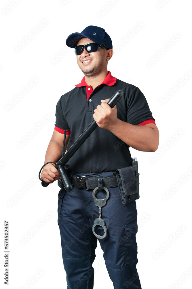 Security guards wearing black glasses and hats Standing holding a rubber baton in a ready position and handcuffed on a tactical belt. on an isolated white background Eliminate the concept of security Security guards wearing black glasses and hats Standing holding a rubber baton in a ready position and handcuffed on a tactical belt. on an isolated white background Eliminate the concept of security