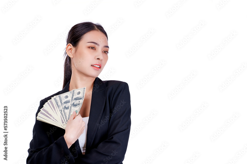 Young asian businesswoman have Srong body showing hundred dollar bills fan and smiling while posing. isolate on white background.