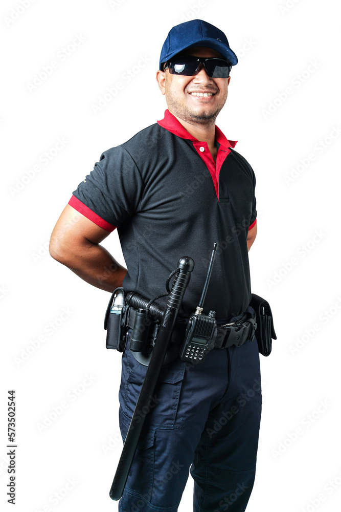The security guard, wearing black glasses, wearing a cap, stands ready. There are rubber batons and handcuffs on the tactical belt. isolated white background Eliminate the concept of security
