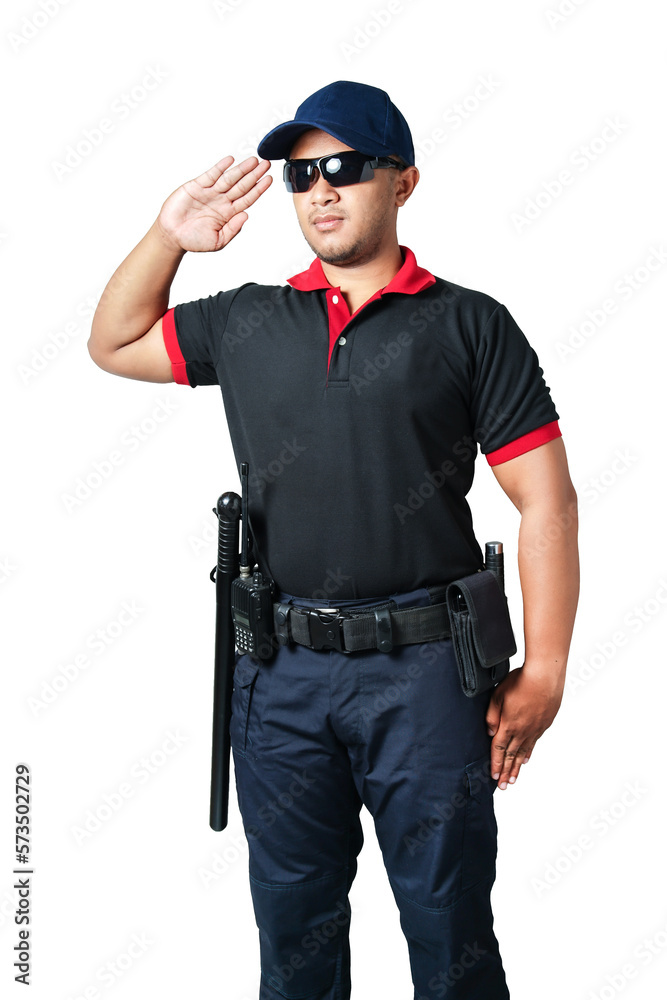 A security guard wearing black glasses, wearing a cap, salutes, has rubber batons and handcuffs on his tactical belt. isolated white background Eliminate the concept of security A security guard wearing black glasses, wearing a cap, salutes, has rubber batons and handcuffs on his tactical belt. isolated white background Eliminate the concept of security