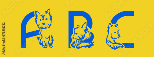 Set of letters A, B, C with Yorkshire terrier. Unusual decorative alphabet. Dog alphabet based on gestalt design