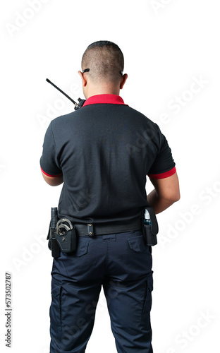 shot from the back Security guards talk radios There are rubber batons and handcuffs on the tactical belt. on a isolated white background Eliminate the concept of security