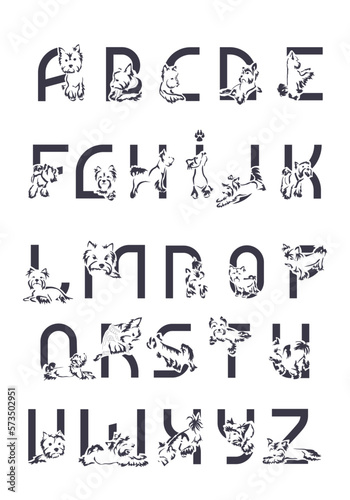 Set of letters from A to Z with Yorkshire terrier. Unusual decorative alphabet. Dog alphabet based on gestalt design