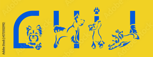 Set of letters G, H, I, J with Yorkshire terrier. Unusual decorative alphabet. Dog alphabet based on gestalt design