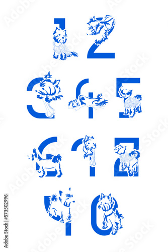 A set of numbers from 1 to 0 with a Yorkshire terrier. Unusual decorative alphabet. Font for dogs based on gestalt design