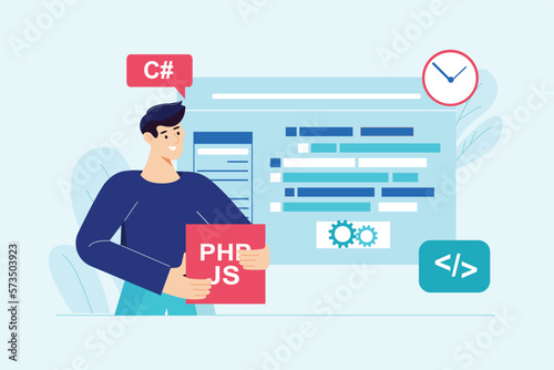 Programming blue concept with people scene in the flat cartoon design. Programmer checks the written program code before sending it to the client. Vector illustration.