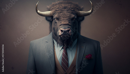 Portrait of buffalo dressed in a business suit on isolated background. Generative AI