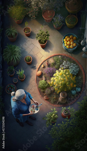 Top view of A middle-aged woman in her garden created using generative ai