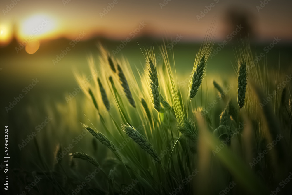 Green wheat ears in field. Agriculture. Young green wheat on the field background. Wheat agricultural field on background under sunlight in summer.  generative AI

