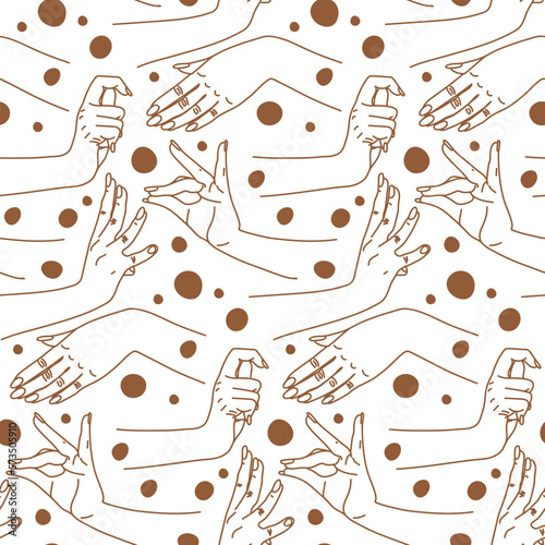 The pattern is different traditional hand signs of a dancing woman. Indian classical dance Bharatanatyam mudra. Alapadma hasta. Beautiful hands in Indian dance. brown on a white background with dots.