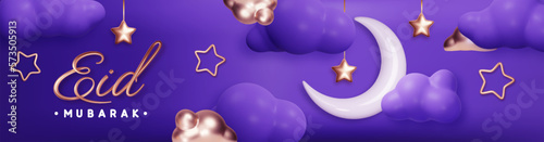 Eid Mubarak with hanging white glossy crescent, flashlight, cloud and stars. Vector illustration. Horizontal islamic holidays design concept with place for text.