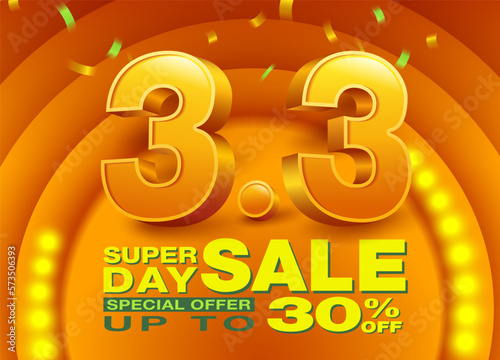 Number symbol 3.3 month 3 for sale promotion design template with 30% advertising design social media online shopping.
