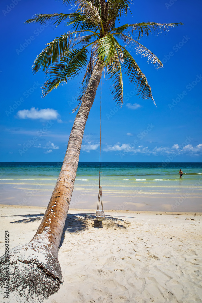 Phu Quoc island, Vietnam - March 31, 2019: Swing on a palm tree. Sea beach in the afternoon, clear sky. Spa Romance