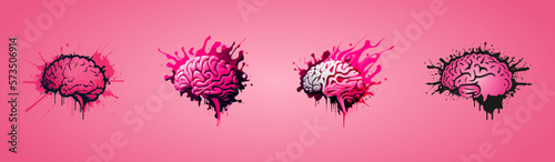 Set of four bright colorful human brains. Brain spray-painted with smudges. Isolated brain vector illustration - Pink beautiful detailed brain on pink background. Spots of ink paint, grunge.