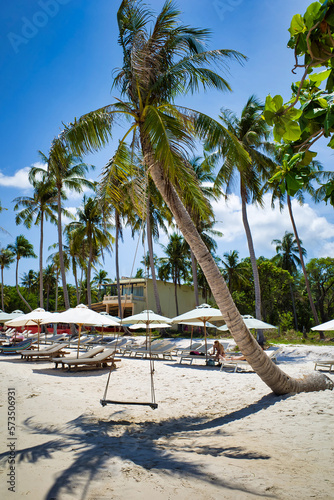 Obraz na płótnie Phu Quoc island, Vietnam - March 31, 2019: Swing on a palm tree. Sea beach in the afternoon, clear sky. Spa Romance w salonie