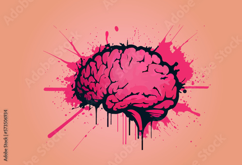 Brain spray-painted with smudges. Human brain  isolated vector illustration - Pink beautiful detailed brain on pink background. Spots of ink paint, grunge, splatter textures. Vector illustration. 