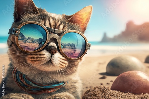 Meow on the Beach. Cool Cat at the Coast. Generative AI