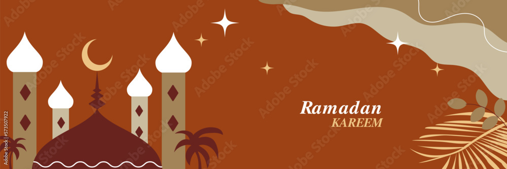 Ramadan Kareem boho design in modern art style. Abstract minimal background with moon, mosque dome, palms. Vector illustration for wallpaper, web banner, backdrop template