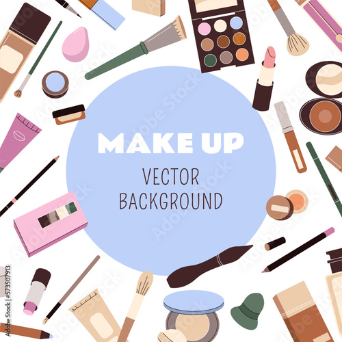 Cosmetic and make up banner design template. Cartoon beauty products, foundation, makeup brushes, concealers, mascara, shadow illustrations. Vector cosmetics background for ads, promo, sale