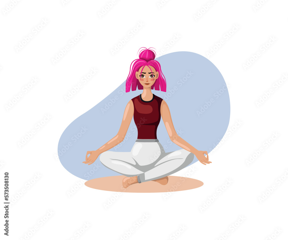 A young girl sits in the lotus position. Flat style illustration