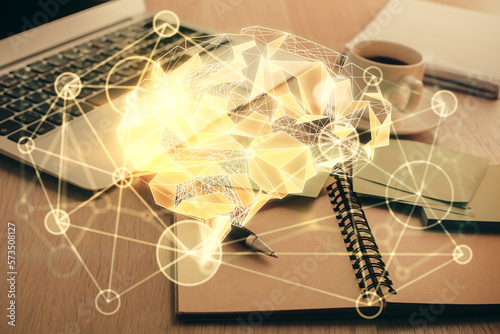 Double exposure of brain drawing and desktop with coffee and items on table background. Concept of research.